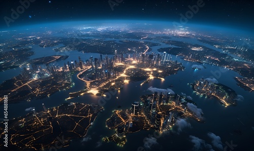 view of night city lights from the sky aerial view, ai generative