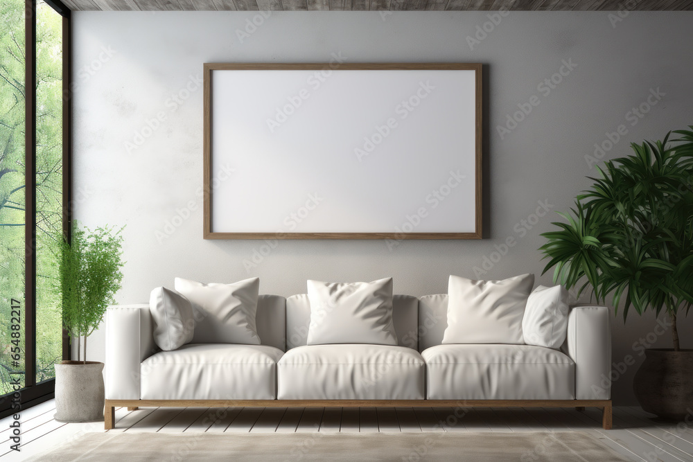 Part of interior mockup, sofa near wall, empty picture frames, light and shadow from window Part of interior mockup, sofa near wall, empty picture frames, light and shadow from window