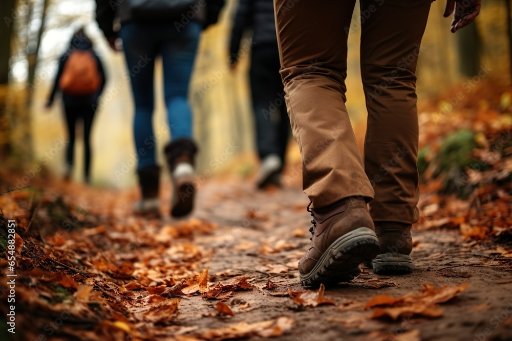 Group of Trekkers walking in the mountains in sunny day. Hikers exploring new places in the mountain paths. Tourism day concept Group of Trekkers walking in the mountains in sunny day. Hikers exploring new places in the mountain paths. Tourism day concept