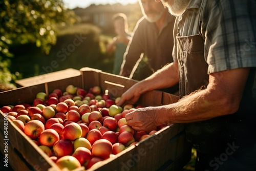 A male farmer harvests apples. Man hands hold apples, close-up. Generative AI