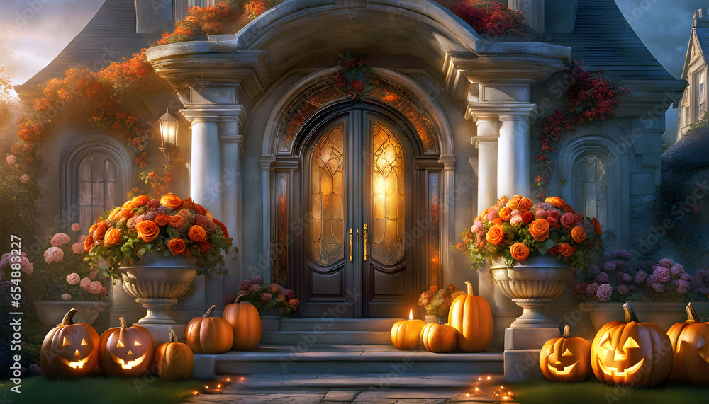 Obraz premium Halloween pumpkins near the entrance to the house for the holiday.