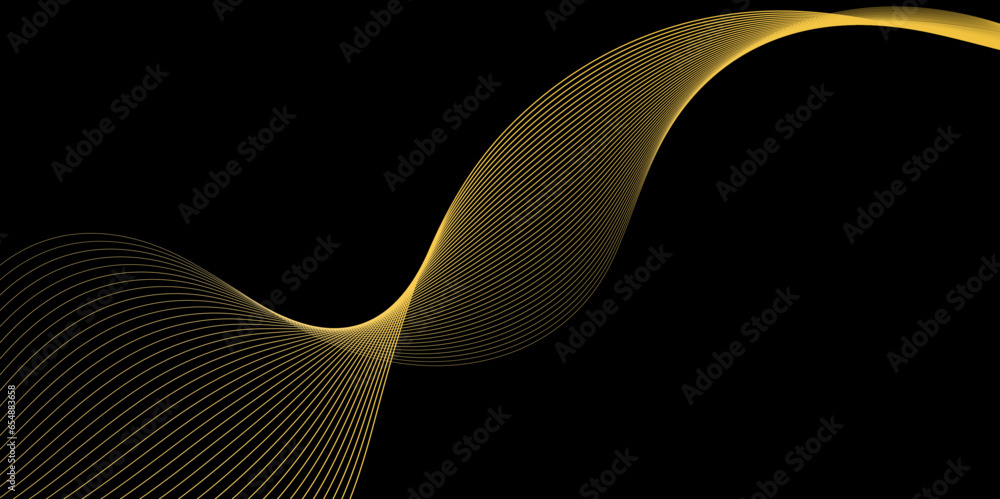 Abstract golden or yellow wave and curve lines background. Abstract frequency sound wave technology and science background. Wavy banner, template design.  - obrazy, fototapety, plakaty 