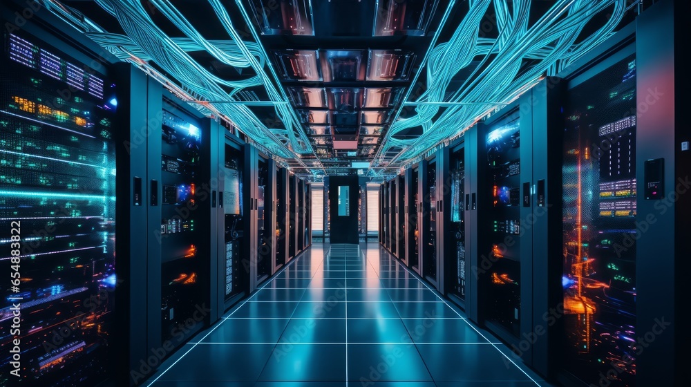 Server room with switch, internet cables and wires. Fiber optic ...