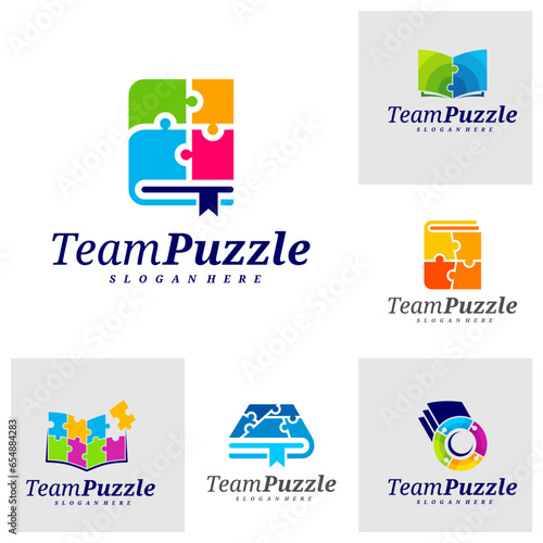 Set of Book Puzzle logo design vector template, Vector label of puzzle, illustration, Creative icon, design concept