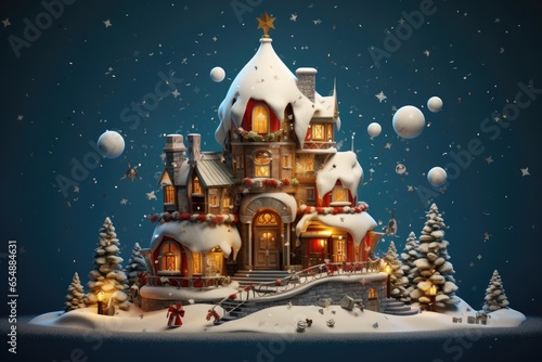 Christmas and New Year holiday background with a fairy tale house in the snow. Generative Ai
