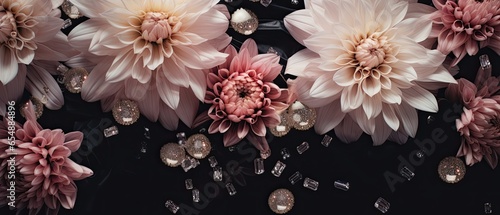 Stately asters and diamond-encrusted roses on an onyx silk background, exuding shades of pale pink, crystal, and deep black. Glamorous jewellery design, voucher card. 