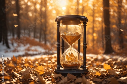 time going by in beautiful hourglass on autumn leaves. ai generative