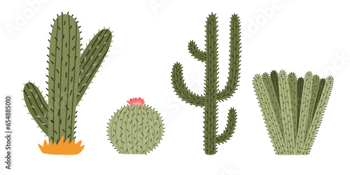 Set of cute hand drawn saguaro cactus from Mexico or Wild West desert. Vector simple cacti flower with thorns in cartoon style. Mexican spiny exotic plant isolated on white background.
