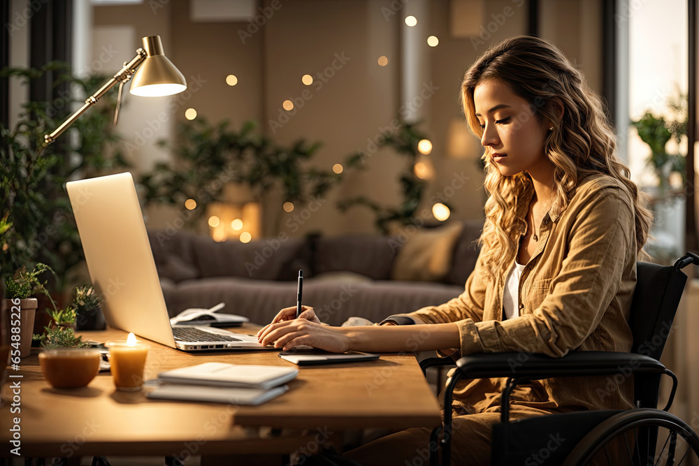 Side view of cropped body of young female in casual wear working at laptop. ai generative Side view of cropped body of young female in casual wear working at laptop. ai generative