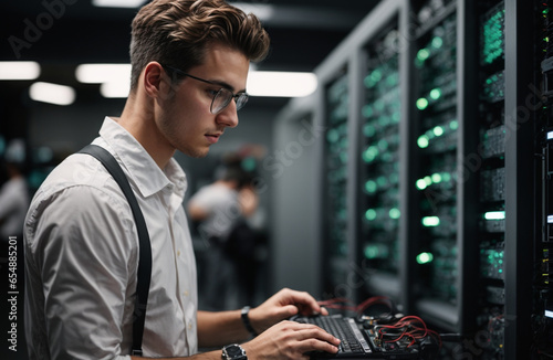 Young computer engineer working on the company's server