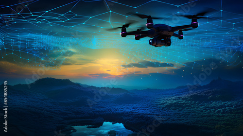 A silhouetted drone hovering over a digital landscape with undulating data waves beneath, symbolizing surveillance technology photo