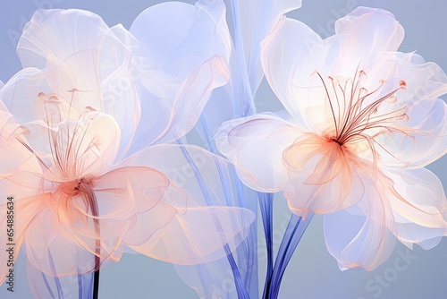 Beautiful flowers in pastel colors on a blue background. Generative Ai © vassileva_t