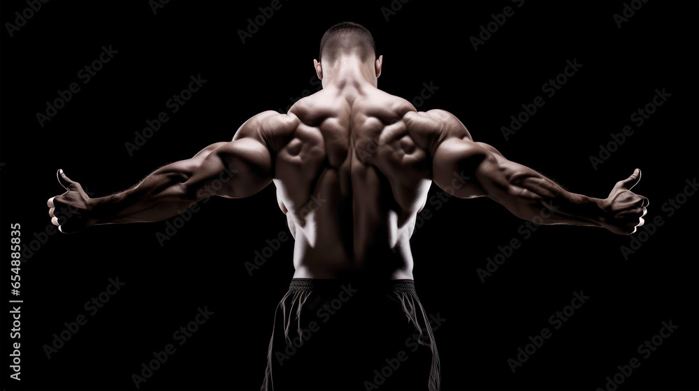 Fototapeta premium Bodybuilder demonstrating impressive shredded back muscles and showing thumb's up in low-key photography style on back background