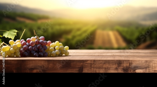 Fresh red and green grapes on wooden table with blurred vineyard on the background, space for display product.