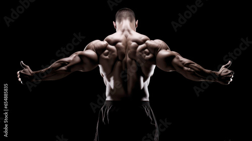 Bodybuilder demonstrating impressive shredded back muscles and showing thumb's up in low-key photography style on back background photo