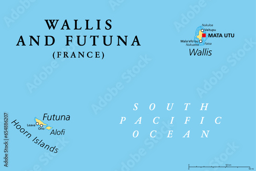 Wallis and Futuna, political map. Island collectivity of France in the South Pacific with capital Mata Utu, consisting of the three main volcanic tropical islands Wallis, Futuna and uninhabited Alofi.