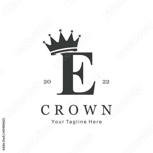 Crown Logo On Letter E Template. Crown Logo On E Letter, Initial Crown Sign Concept Template