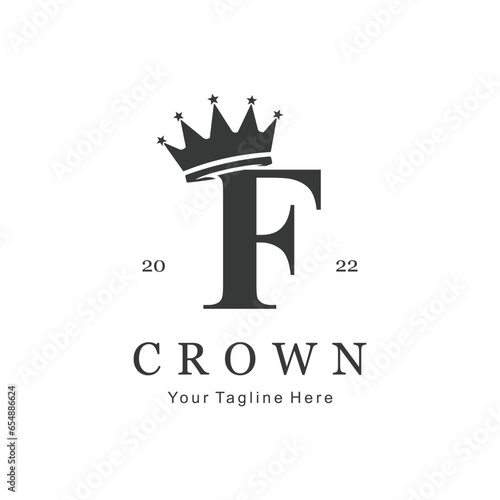 Crown Logo On Letter F Template. Crown Logo On F Letter, Initial Crown Sign Concept Template