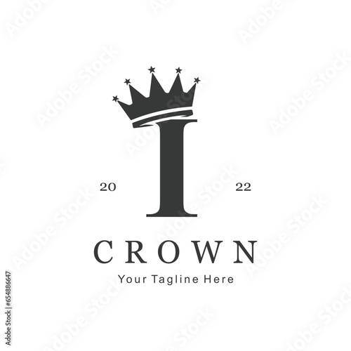 Crown Logo On Letter I Template. Crown Logo On I Letter, Initial Crown Sign Concept Template