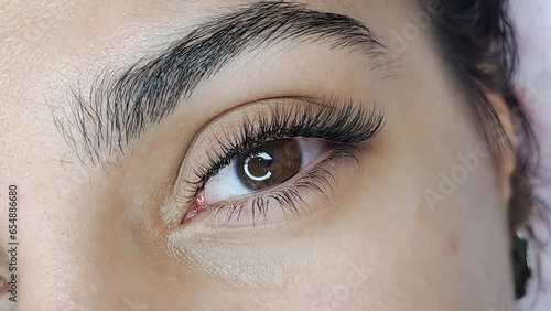 Close up of eye with eyelash Extensions in beauty salon macro view 