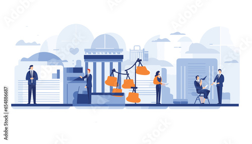 Flat illustration Law and justice scenes. lawyer consulting client, judge knocking with wooden hammer. Legal advice concept, white background
