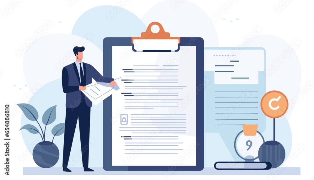 Flat illustration rules of work, regulation, checklist, paperwork, document and agreement, white background Flat illustration rules of work, regulation, checklist, paperwork, document and agreement, white background