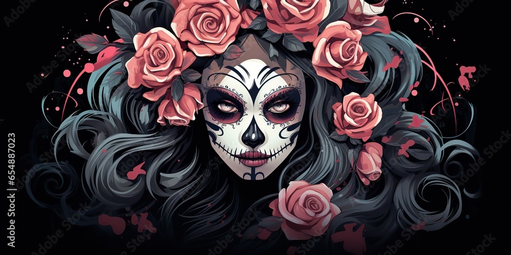 AI Generated. AI Generative. Muertos Mexican latin day of the dead holiday carnival woman make up sugar skull pretty girl AI Generated. AI Generative. Muertos Mexican latin day of the dead holiday carnival woman make up sugar skull pretty girl