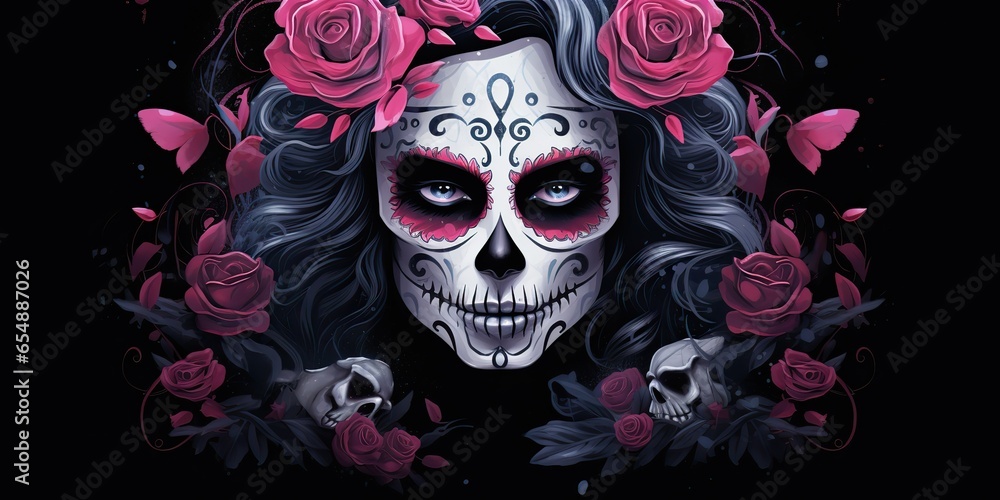 AI Generated. AI Generative. Muertos Mexican latin day of the dead holiday carnival woman make up sugar skull face. Beautiful woman with halloween