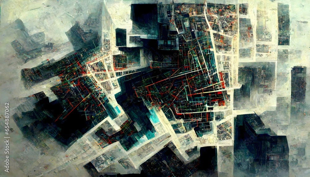 hidden algorithm of a city regarding all of its complexity aerial map view layers superposition urban paradigms shifts 12k  - obrazy, fototapety, plakaty 