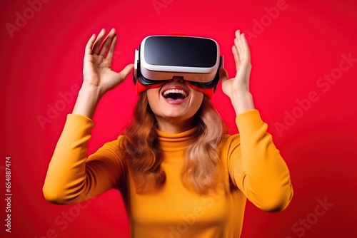 Young woman wearing VR augmented reality goggles in futuristic corridor of virtual art gallery exhibition, surreal world and virtual reality, Generative AI	