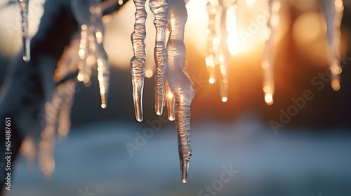 Close up of an Icicle hanging from a Tree in Winter. Blurred natural Background © Florian