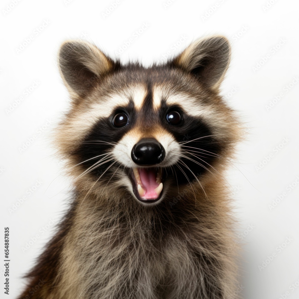 happy smiling raccoon close up photograph isolated white background