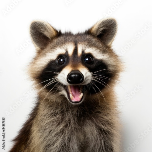 happy smiling raccoon close up photograph isolated white background