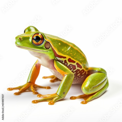Bright green tree frog. Glossy eyes. Yellow feet. Cream-colored belly. Alert posture. Clean white background.