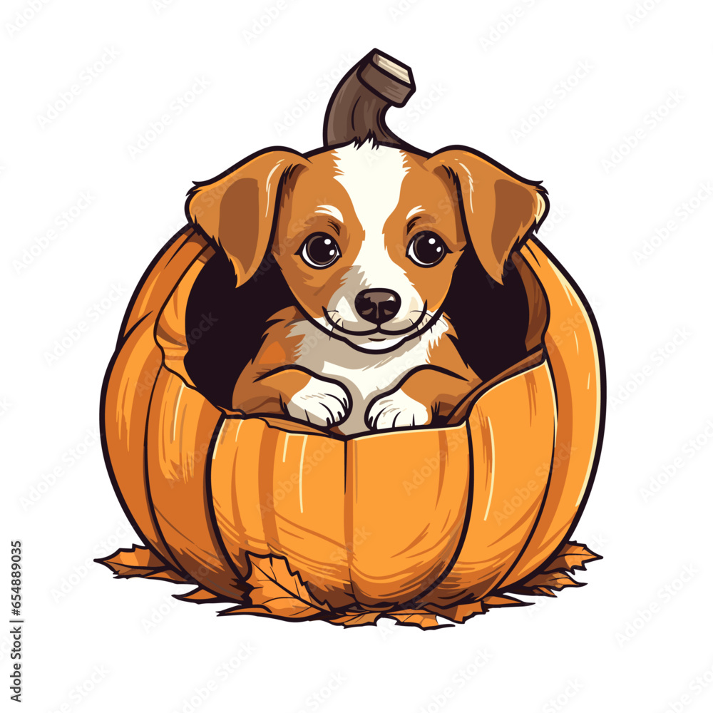 Vector clipart, cute dog sit inside pumpkin vector clipart, fall autumn ...