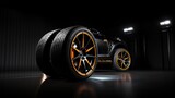 Striking image showcases a rim and tire against a dark studio background. The dramatic lighting accentuates the sleek design and intricate details, emphasizing its high-quality craftsmanship.