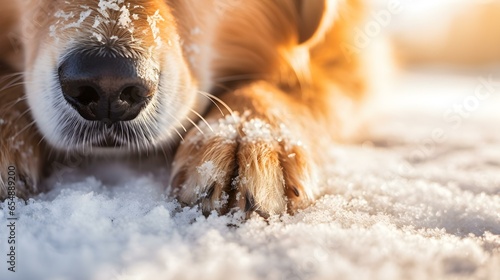 Close up of a Dog Paw dusted with Snow. Blurred Background photo