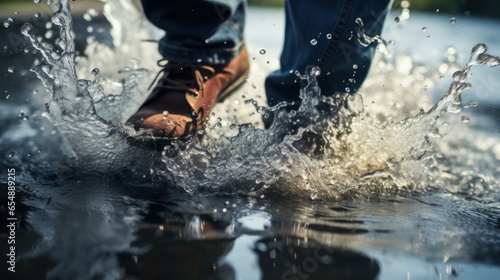 Close-up image captures the dynamic moment as a man's feet step into water, causing an energetic splash. The photo encapsulates the essence of movement and the refreshing feel of water.