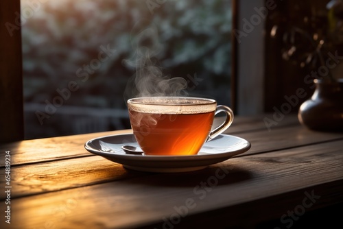 Inviting photo captures a cup of hot tea elegantly served on a wooden table, perfect for a relaxing afternoon. The image embodies tranquility and the art of taking a moment for oneself.