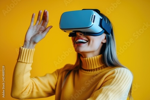 Young woman wearing VR augmented reality goggles in futuristic corridor of virtual art gallery exhibition, surreal world and virtual reality, Generative AI 
