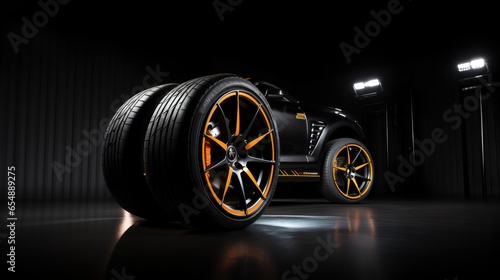 Striking image showcases a rim and tire against a dark studio background. The dramatic lighting accentuates the sleek design and intricate details, emphasizing its high-quality craftsmanship.