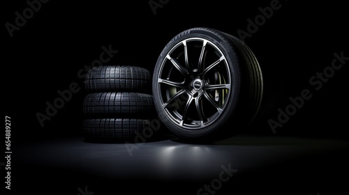 Striking image showcases a rim and tire against a dark studio background. The dramatic lighting accentuates the sleek design and intricate details, emphasizing its high-quality craftsmanship. photo