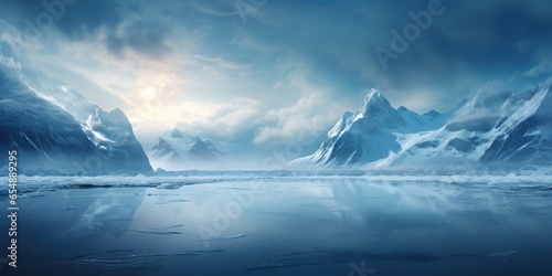 AI Generated. AI Generative. Winter ice snow frozen lake nature outdoor background with mountains landscape. Graphic Art