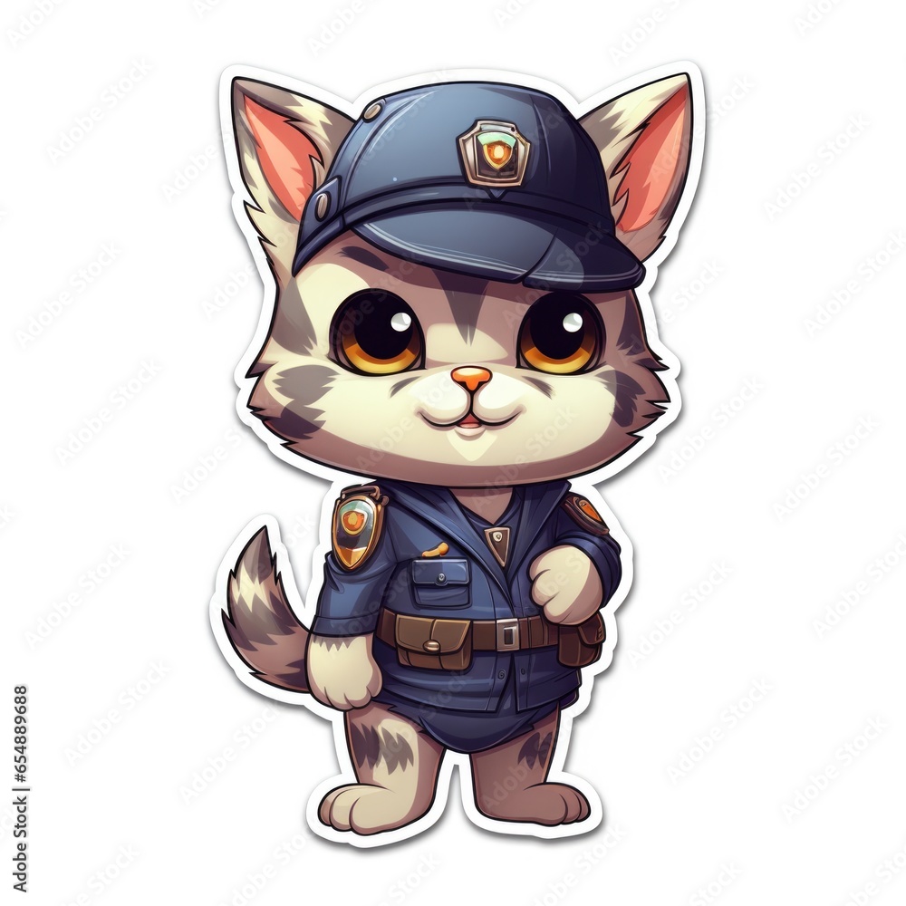 A sticker of a cat dressed as a police officer. Digital art. A sticker of a cat dressed as a police officer. Digital art.