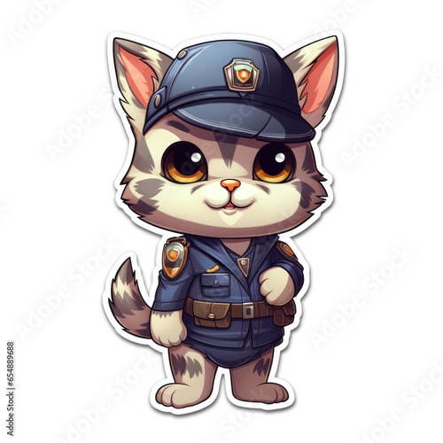 A sticker of a cat dressed as a police officer. Digital art. © tilialucida