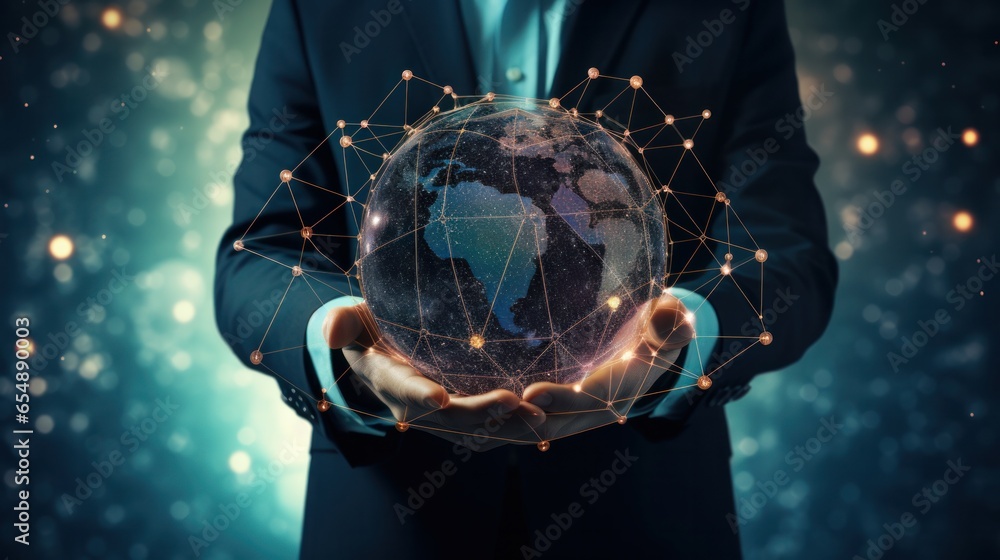 Digital technology, businessman holding Global network connection. Big data analytics and business intelligence. World map point and line composition of global business. innovation, generate by AI - obrazy, fototapety, plakaty 