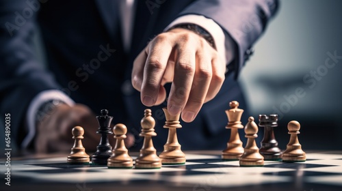 chess battle, victory, success, leader, teamwork, business strategy . business man wear business suit move prepare move king chess pieces, plan strategy lead successful business competition leader.