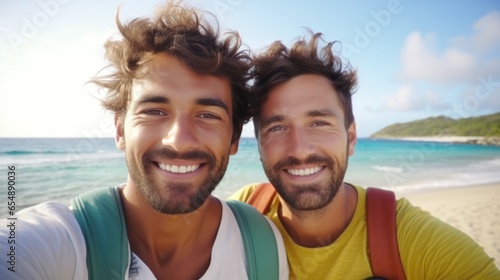 shot of a good-looking male tourist. Enjoy free time outdoors near the sea on the beach. Looking at the camera while relaxing on a clear day Poses for travel selfies smiling happy tropical