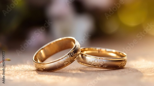 two gold wedding rings symbolizing love and romance photo
