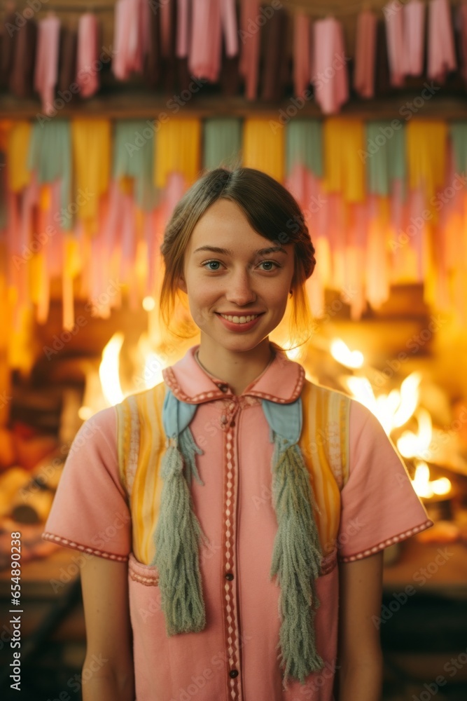 A beautiful woman wearing a scarf stands smiling in front of a warm autumn fire, her joyful expression radiating a comforting sense of serenity A beautiful woman wearing a scarf stands smiling in front of a warm autumn fire, her joyful expression radiating a comforting sense of serenity